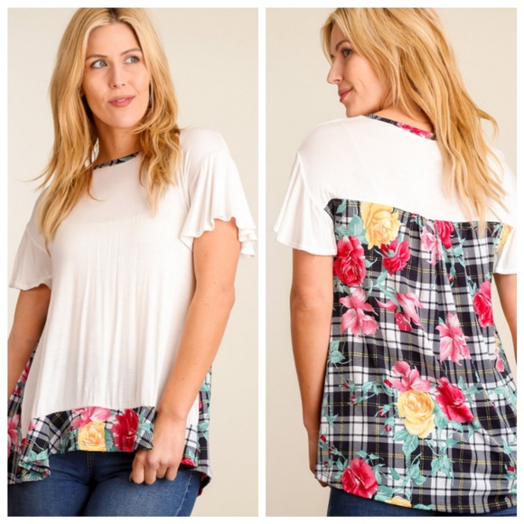 boutique Tops - Reverse Back Floral Flutter Cap Sleeve Top